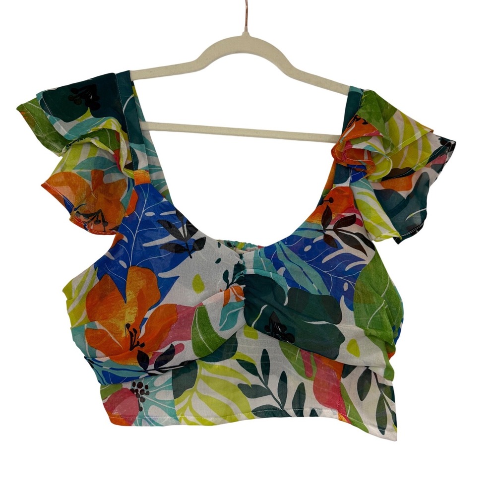 Girl Soul Crop Top XL Multicolor Tropical Ruffle Boho Farm Rio Vibes